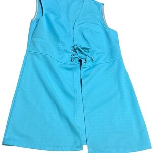 Vintage Turquoise Tie Front Vest Sleeveless 70s Double Knit Boho Retro